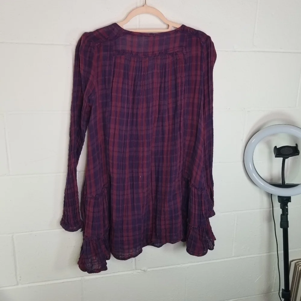 Free People Whistle While You Work plaid gauze button up swingy babydoll top